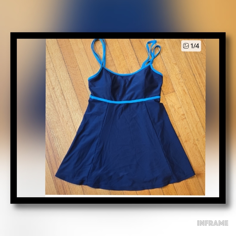 Navy Swim Dress Top with Bright Blue Trim Size Medium